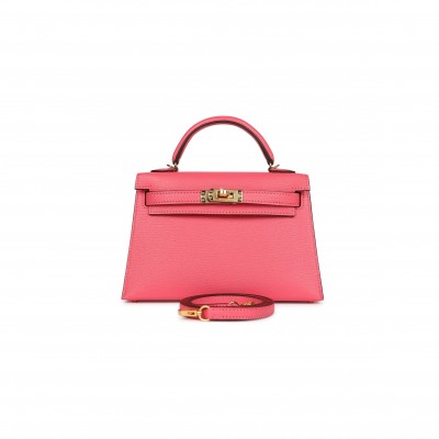HERMÈS MINI KELLY II SELLIER ROSE AZALEE CHEVRE MYSORE GOLD HARDWARE (19*12*5.5cm) 